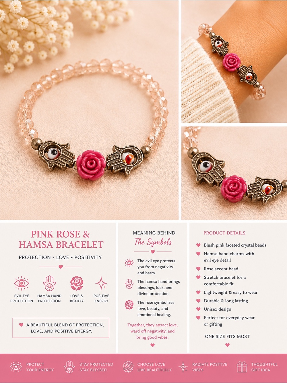 Unbranded Pink Rose Hamsa Bracelet - Protection & Positive Energy